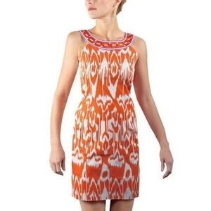 NWT Gretchen Scott Ikat Dress L Orange White Sleeveless Shift Cotton MSRP $169